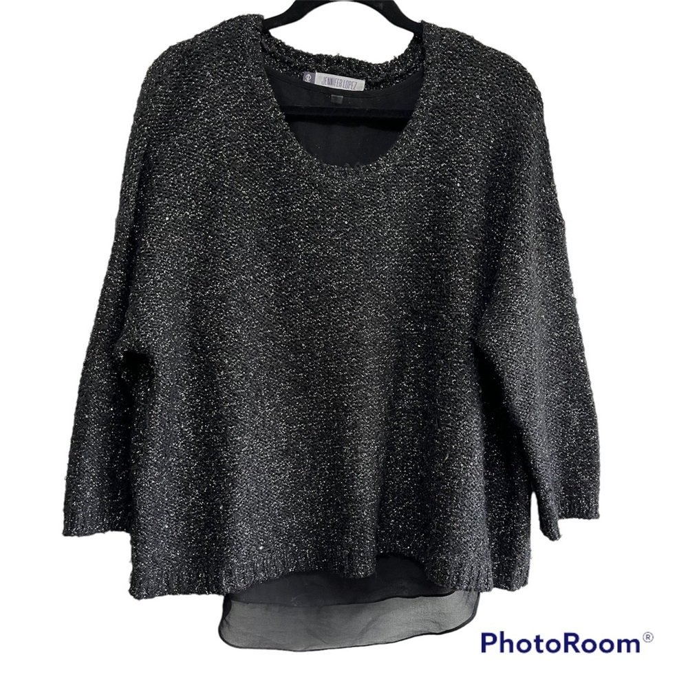 JENNIFER LOPEZ BLACK & SILVER LUREX & SEQUIN SHIMMER SWEATER LARGE